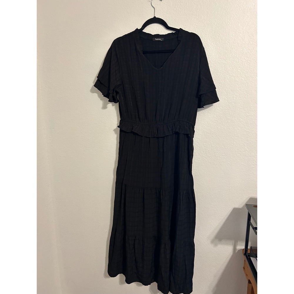 Black Grid Textured Tiered Maxi Dress XL Ruffle V-Neck Flutter Sleeve